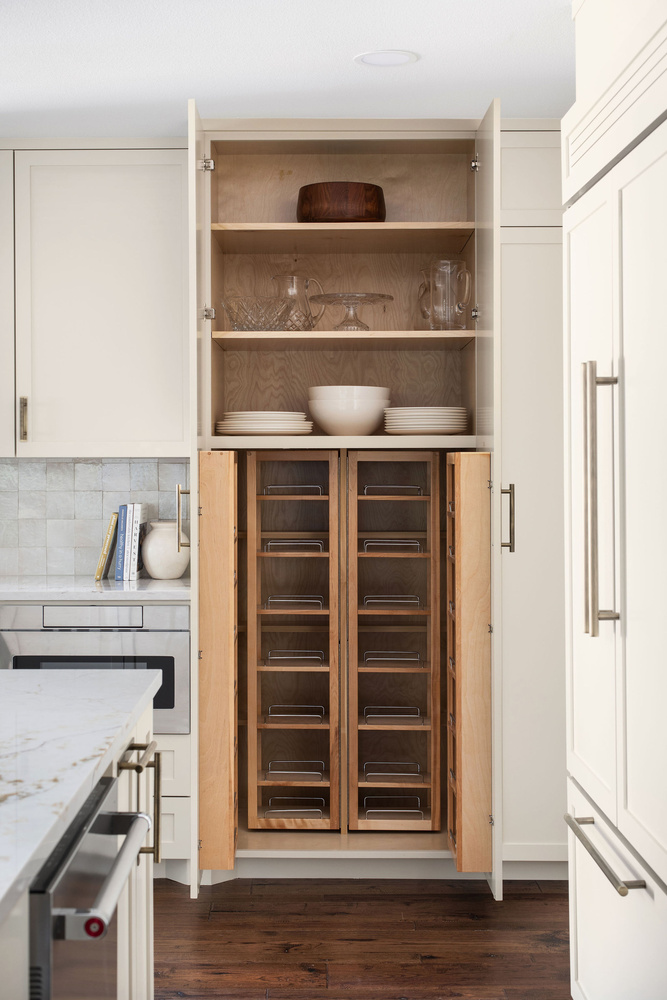 custom pantry storage system by RedOven Builds in Whitemarsh Austin TX featuring wood shelving and racks