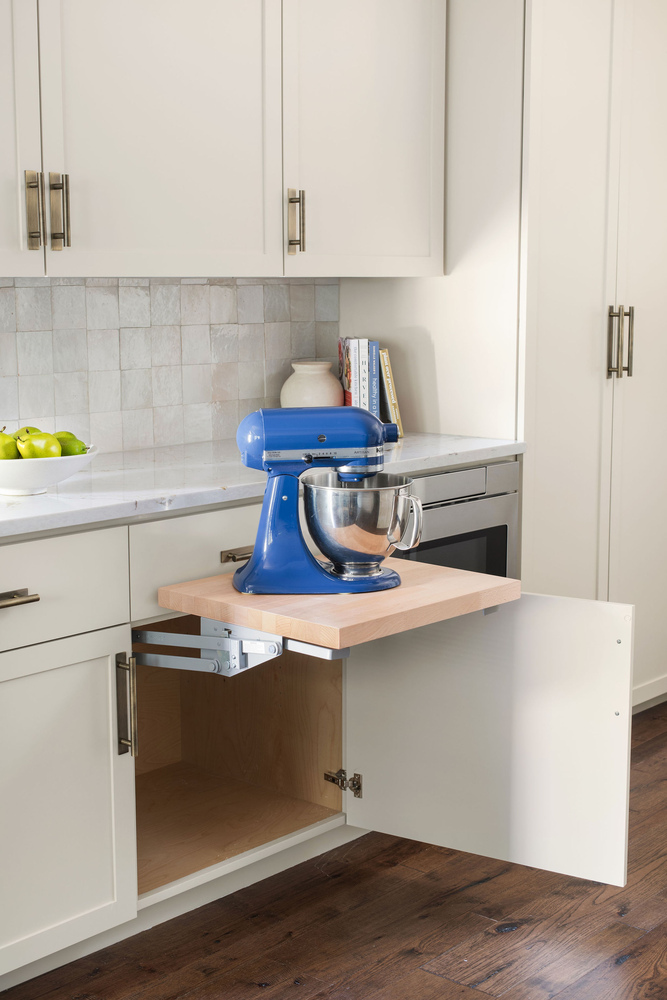 pull-out mixer cabinet feature in kitchen remodel by RedOven Builds in Whitemarsh Austin TX