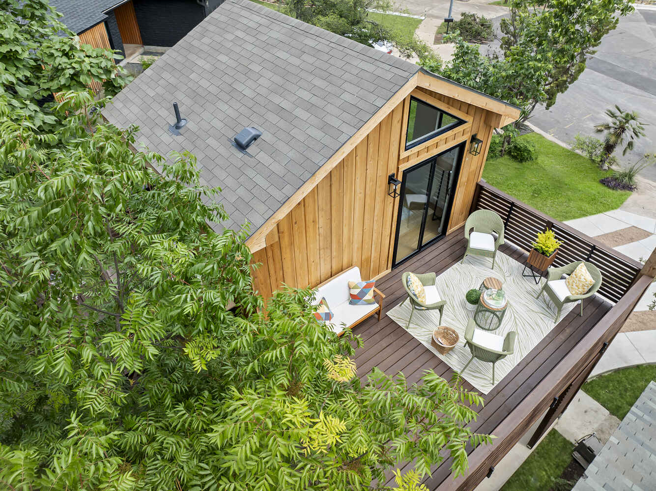 Aerial view of outdoor patio furniture on a RedOven Builds ADU deck in Austin, TX