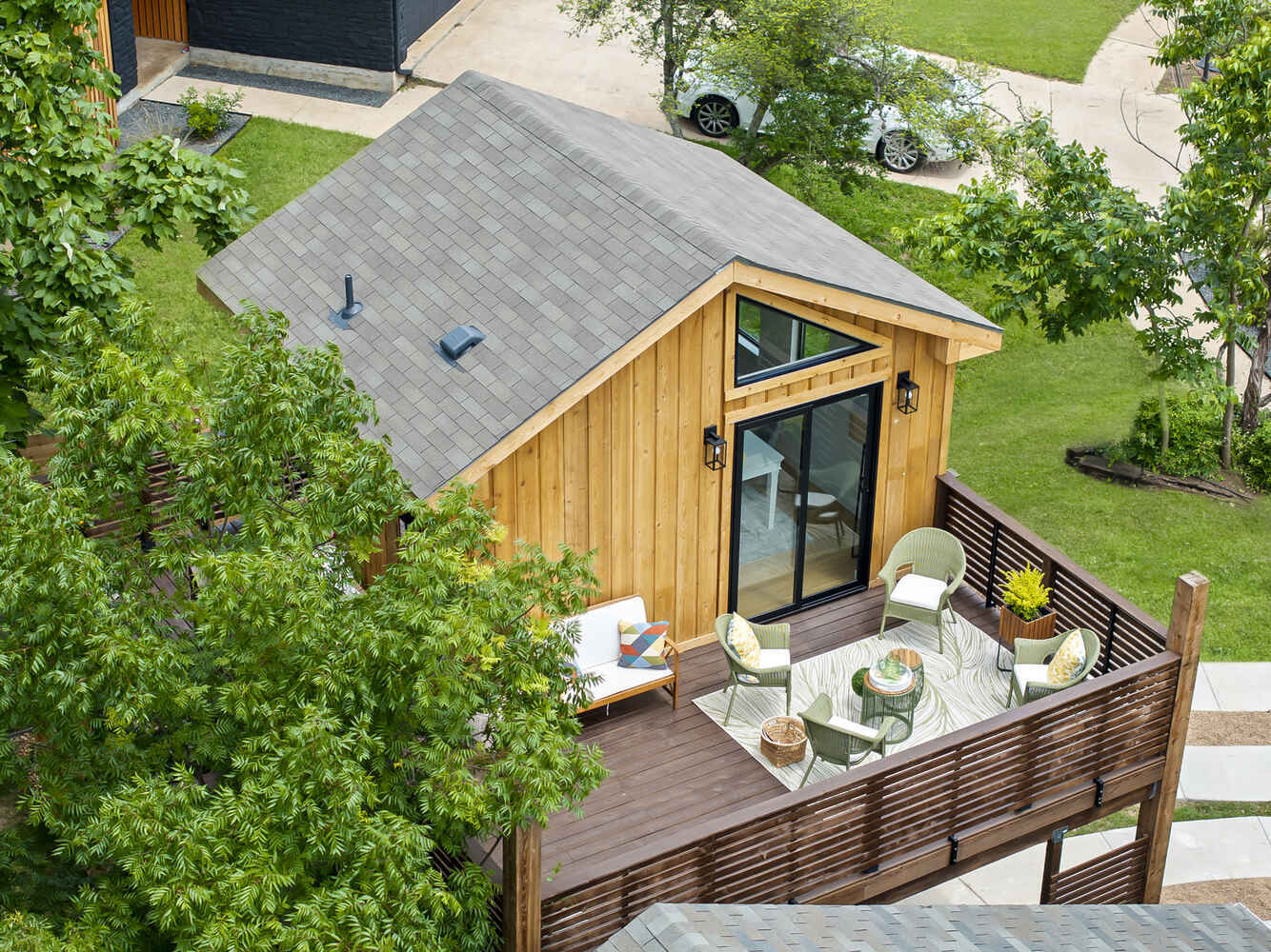 Overhead view of ADU deck and roof design by RedOven Builds in Austin, TX