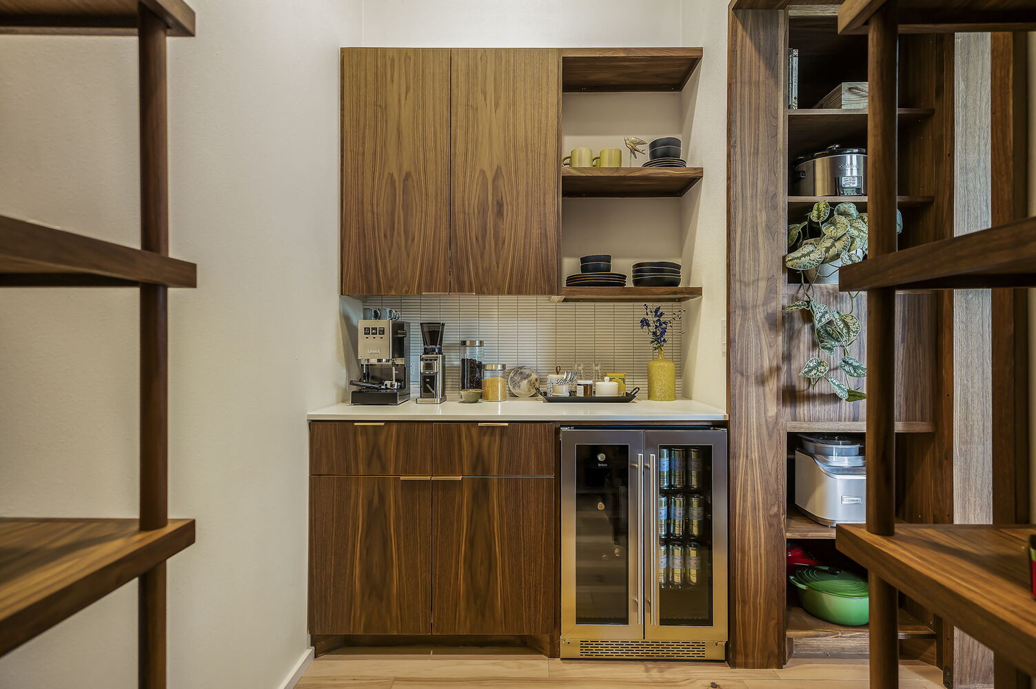 built-in coffee station with open shelving and wood cabinets in custom home by RedOven Builds in Rio Grande TX