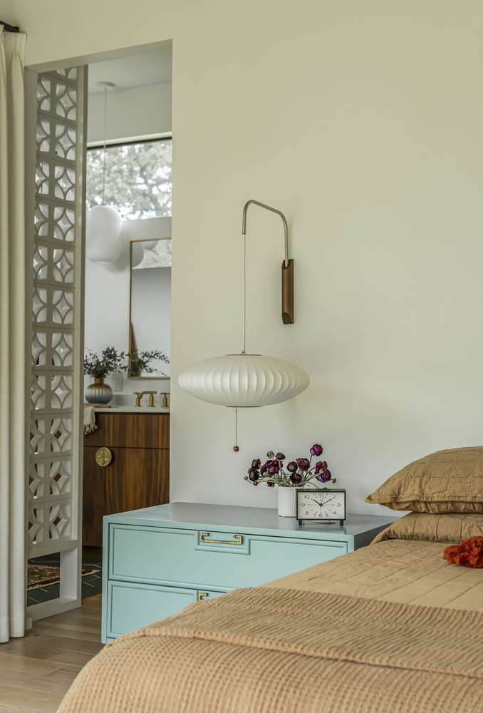 close-up of modern bedroom furniture and lighting in RedOven Builds home on San Juan Dr Rio Grande TX
